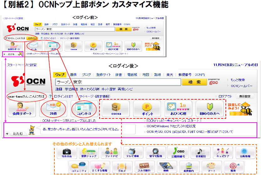 【別紙2】OCNトップ上部ボタンカスタマイズ機能