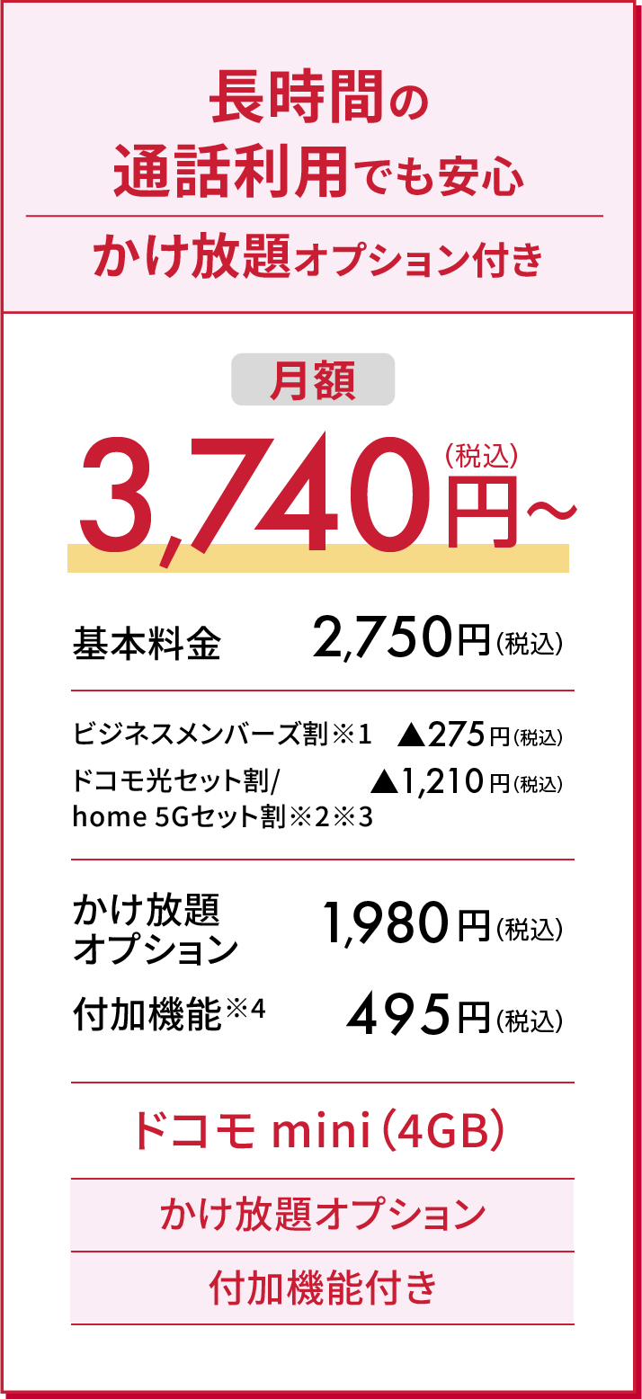 長時間の通話利用でも安心かけ放題オプション付き