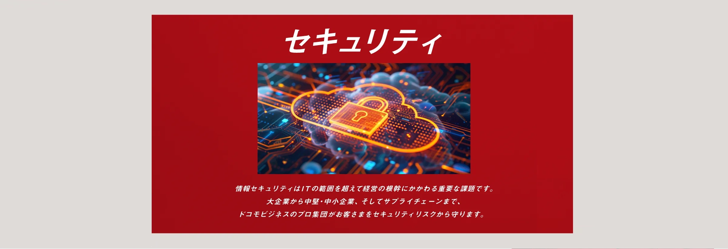 セキュリティ:情報セキュリティはITの範囲を超えて経営の根幹にかかわる重要な課題です。大企業から中堅・中小企業、そしてサプライチェーンまで、ドコモビジネスのプロ集団がお客さまをセキュリティリスクから守ります。