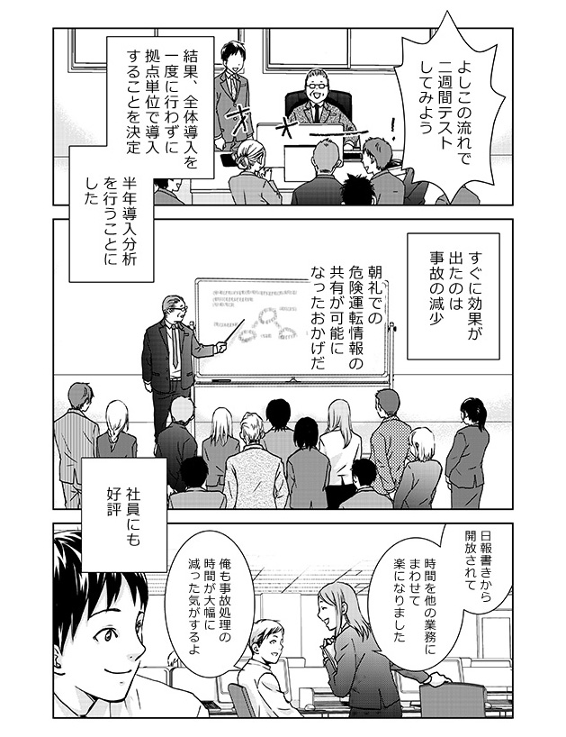 「よしこの流れで二週間テストしてみよう」...結果、全体導入を一度に行わずに拠点単位で導入することを決定。半年導入分析を行うことにした。すぐに効果が出たのは事故の減少。朝礼での危険運転情報の共有が可能になったおかげだ。社員にも好評。「日報書きから解放されて時間を他の業務にまわせて楽になりました」「俺も事故処理の時間が大幅に減った気がするよ」