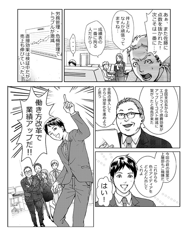 「あぁ、また佐藤に点数を抜かれた!次こそは一番に…ッ」「井上さんなんか頑張ってますね…」「成績表の一番に拘る人だから…」...労務管理・危機管理でトラブルが激減。直接効果は検証中だが売上も伸びていった。「全国支店長からはエコドライブで燃費効果がアップしてコスト削減に繋がったと報告が来た。全拠点導入してさらに効率化を進めようと思う。今回の君の提案で上層部もご機嫌だ。これからも色々アイディアをどんどん出してくれよ」「はい!」「働き方改革で業績アップだ!!」
