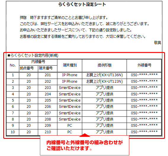 らくらくセット　設定シートメール（サンプル）画像