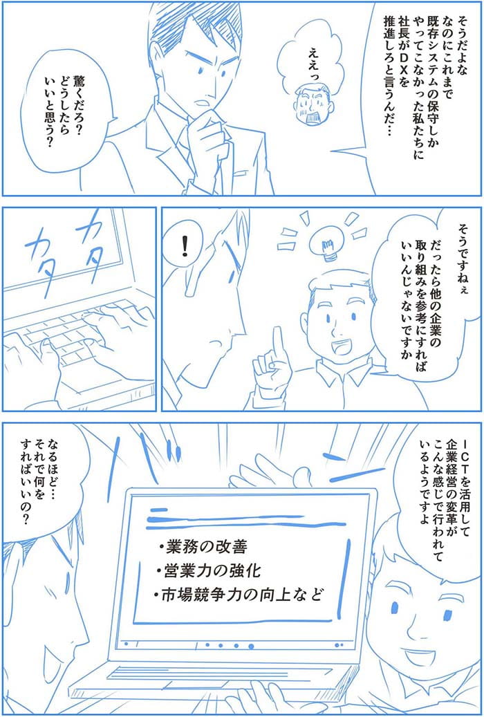 そうだよな なのにこれまで既存システムの保守しかやってこなかった私たちに社長がDXを推進しろと言うんだ…ええぇ。驚くだろ?どうしたらいいと思う?そうですねぇだったらほかの企業の取り組みを参考にすればいいじゃないですか ICTを活用して企業経営の変革がこんな感じで行われているようですよ 業務の改善、営業力の強化、市場競争力の向上など。なるほど…それで何をすればいいの?