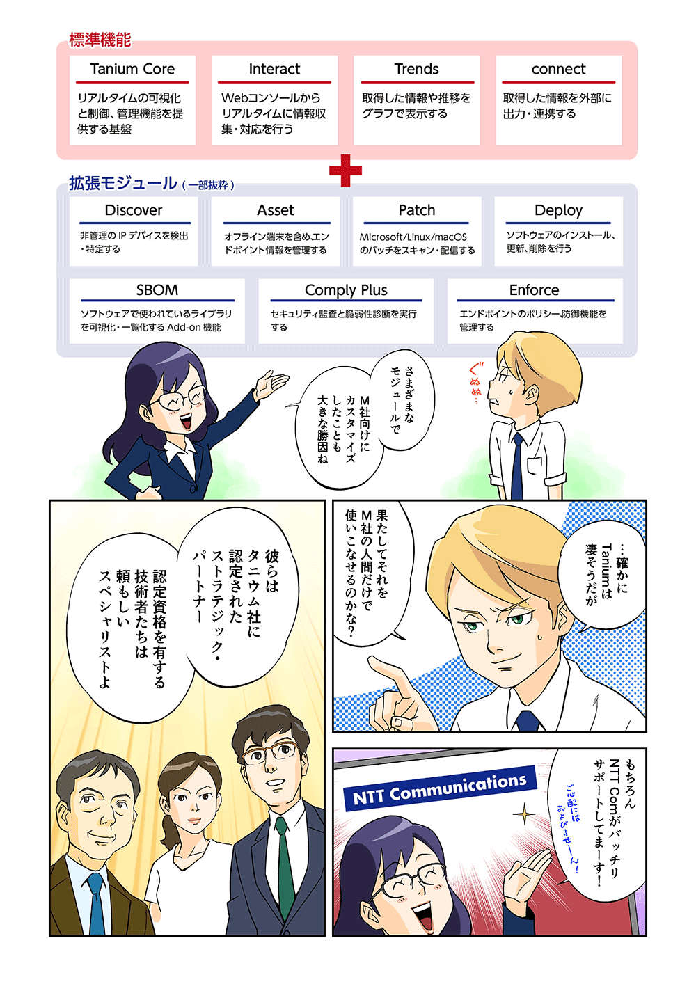 「さまざまなモジュールでM社向けにカスタマイズしたことも大きな勝因ね」「・・・確かにTaniumは凄そうだが、果たしてそれをM社の人間だけで使いこなせるのかな？」「もちろんNTT Comがバッチリサポートしてまーす！彼らはタニウム社に認定されたストラテジック・パートナー。認定資格を有する技術者たちは頼もしいスペシャリストよ」