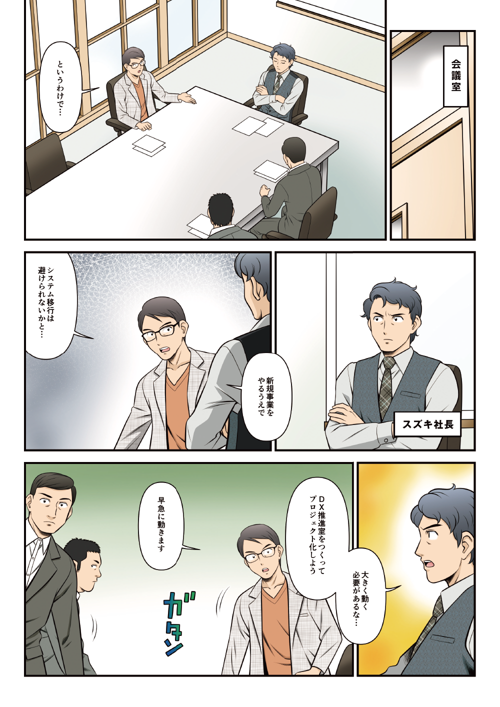 「というわけで・・・新規事業をやるうえでシステム移行は避けられないかと・・・」「大きく動く必要があるな・・・DX推進室をつくってプロジェクト化しよう」「早急に動きます」