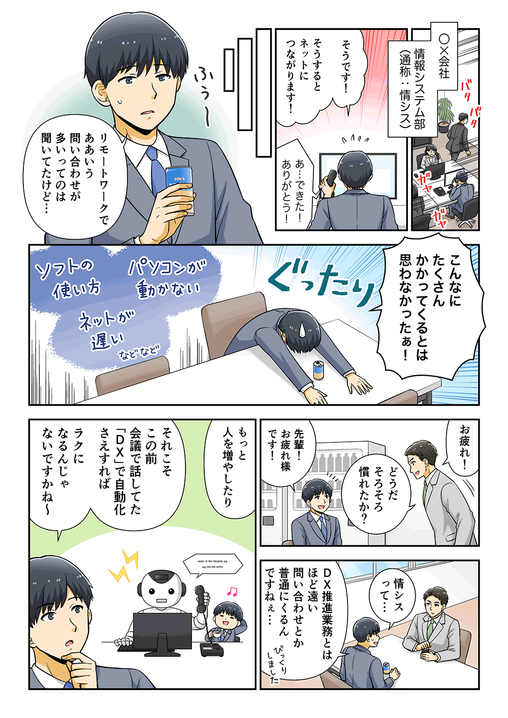 ○×会社情報システム部（通称：情報シス）「そうです！そうするとネットにつながります！」「あ・・・できた！ありがとう！」「リモートワークでああいう問い合わせが多いってのは聞いてたけど・・・こんなにたくさんかかってくるとは思わなかったぁ！」ソフトの使い方、パソコンが動かない、ネットが遅いなどなど「お疲れ！どうだそろそろ慣れたか？」「先輩！お疲れ様です！」「情シスって・・・ＤＸ推進業務とはほど遠い問い合わせとか普通にくるんですねぇ・・・もっと人を増やしたり、それこそこの前会議で話してた「DX」で自動化さえすればラクになるんじゃないですかね～」